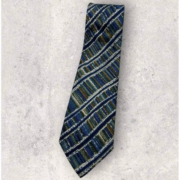 MISSONI Silk Tie ITALY XL Blue Green Brown Tartan W:3.4